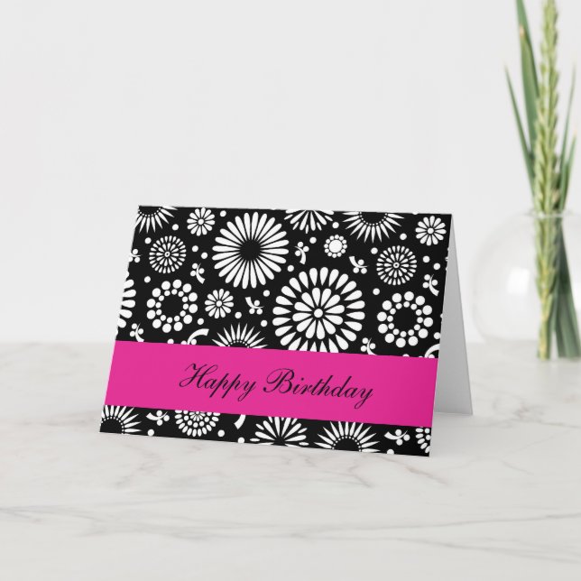 Retro black white flowers Birthday Card (Front)