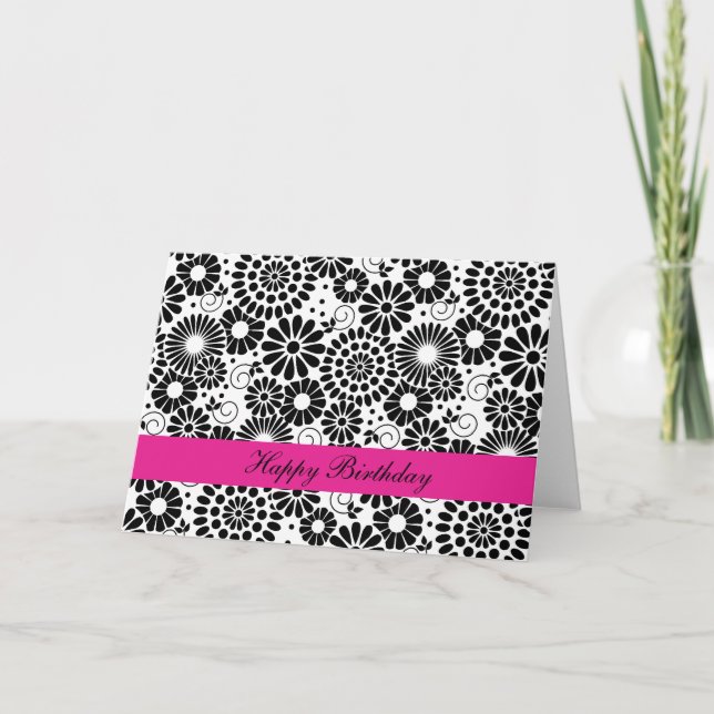 Retro black white flowers Birthday Card (Front)