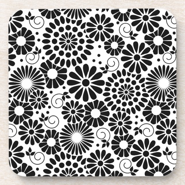 Retro black white flowers Cork Coaster (Front)