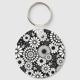 Retro black white flowers Keychain