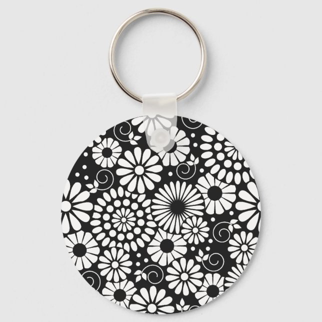Retro black white flowers Keychain (Front)
