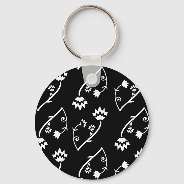Retro black white flowers Keychain (Front)