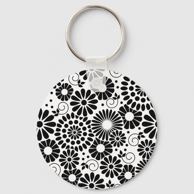 Retro black white flowers Keychain (Front)