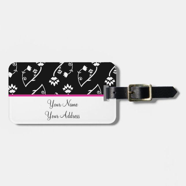 Retro black white flowers Luggage Tag (Front Horizontal)