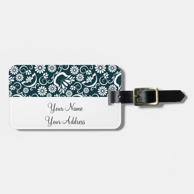 Retro black white flowers Luggage Tag (Front Horizontal)