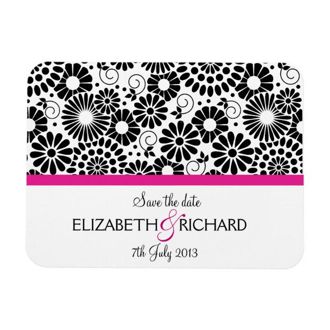 Retro black white flowers 'Save the date' Magnet (Horizontal)