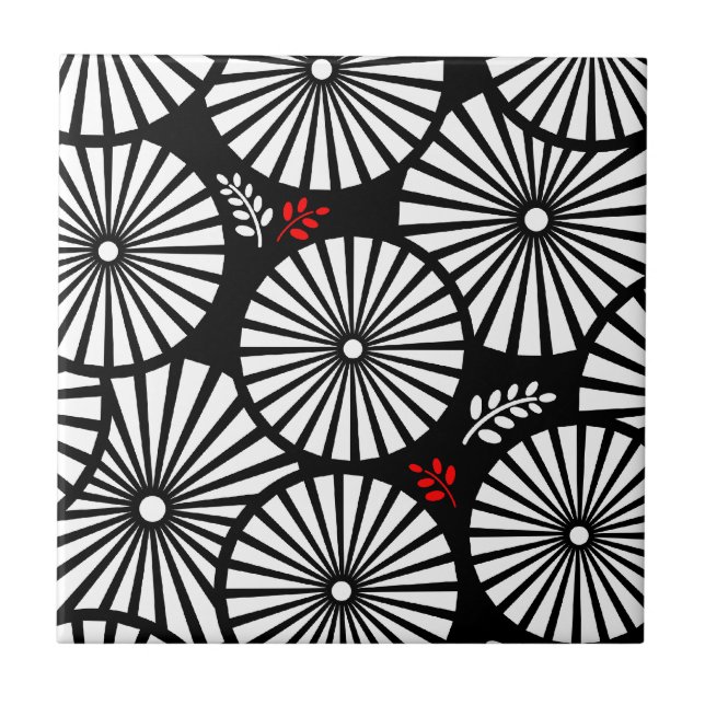 Retro black white flowers Tile (Front)