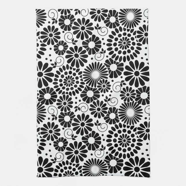 Retro black white flowers Towel (Vertical)