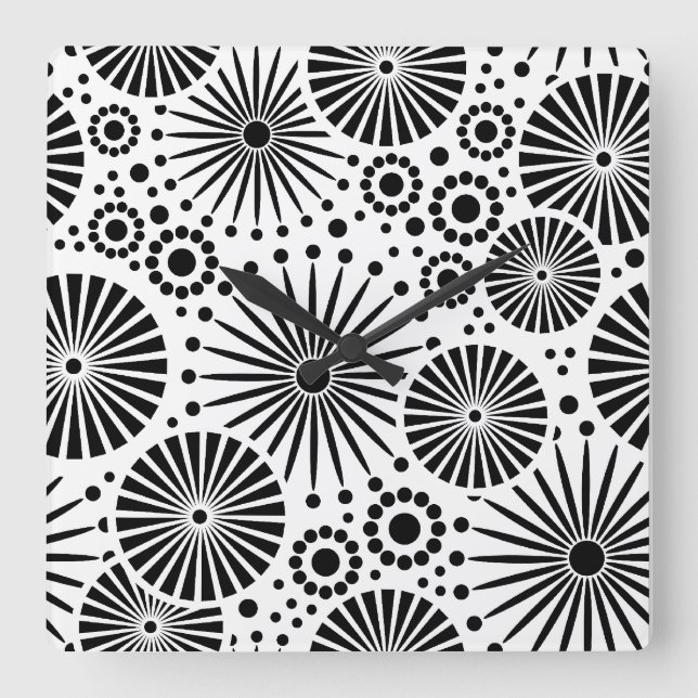 Retro black white flowers Wall Clock (Front)