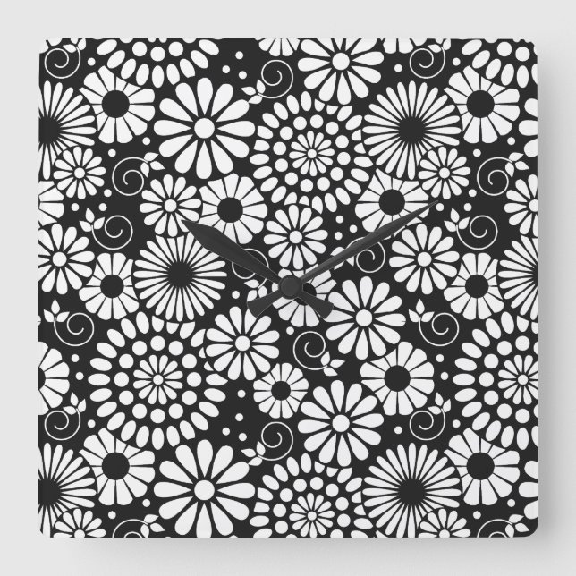 Retro black white flowers Wall Clock (Front)