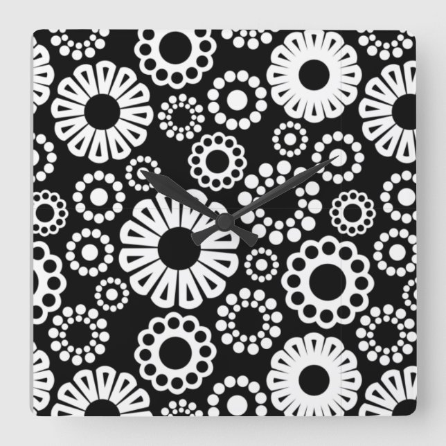 Retro black white flowers Wall Clock (Front)