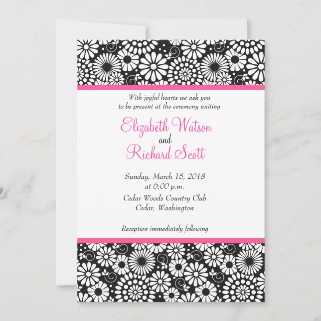 Retro black white flowers wedding invitation (Front)