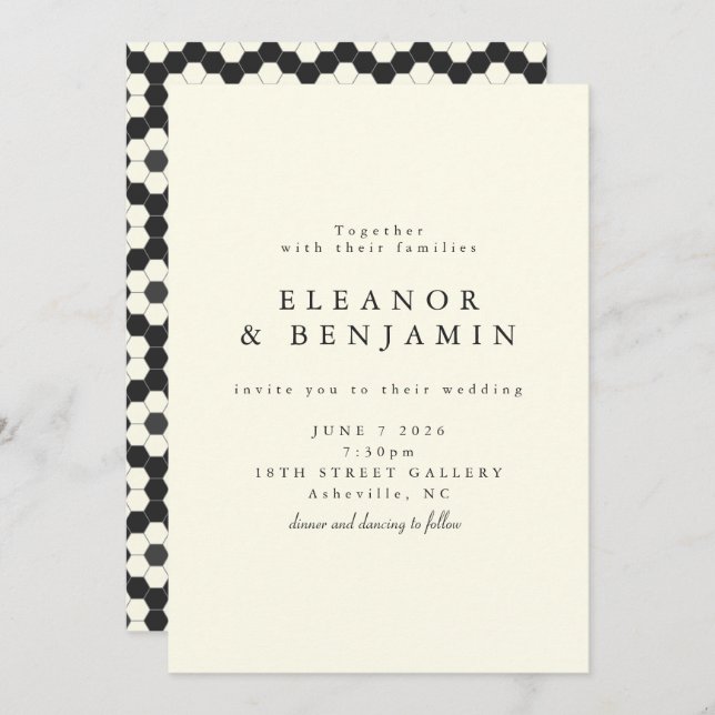 Retro Black White Geometric Tile Elegant Wedding Invitation (Front/Back)