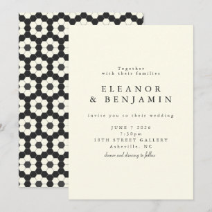 Retro Black White Geometric Tile Elegant Wedding Invitation