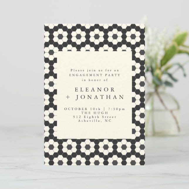 Retro Black White Geometric Tile Engagement Party  Invitation (Standing Front)