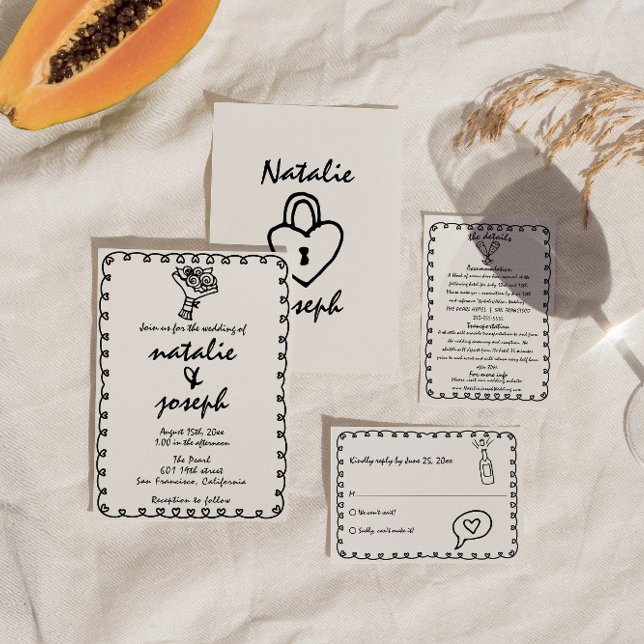 Retro Black & White Hand Drawn Quirky Wedding Invitation (Creator Uploaded)