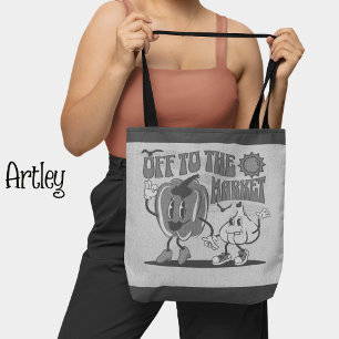 Retro Black White Happy Mom Vegetable Market Tote Bag