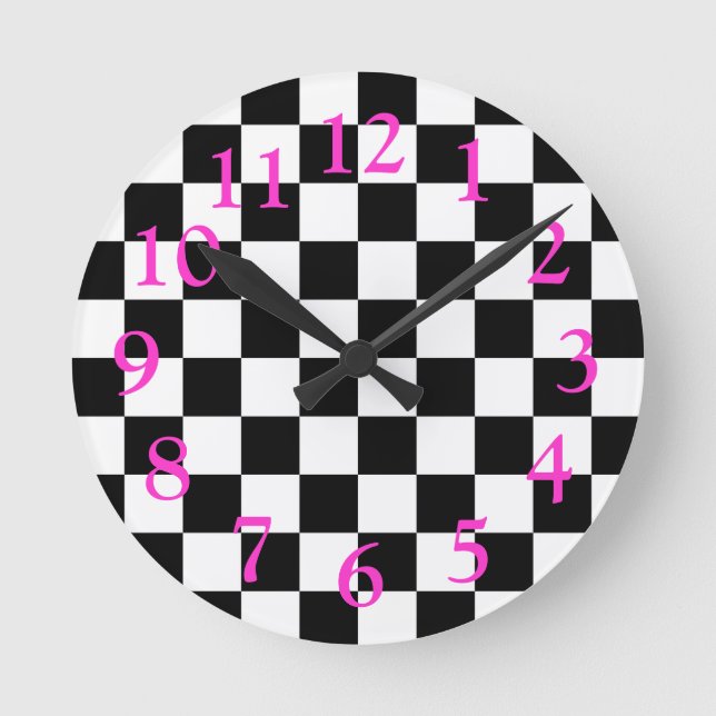 Retro Black/White/Hot Pink Chequerboard Pattern Round Clock (Front)