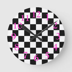 Retro Black/White/Hot Pink Chequerboard Pattern Round Clock