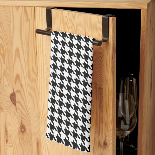 Retro Black White Houndstooth Weaving Pattern Kitchen Towel (Thirds Fold)