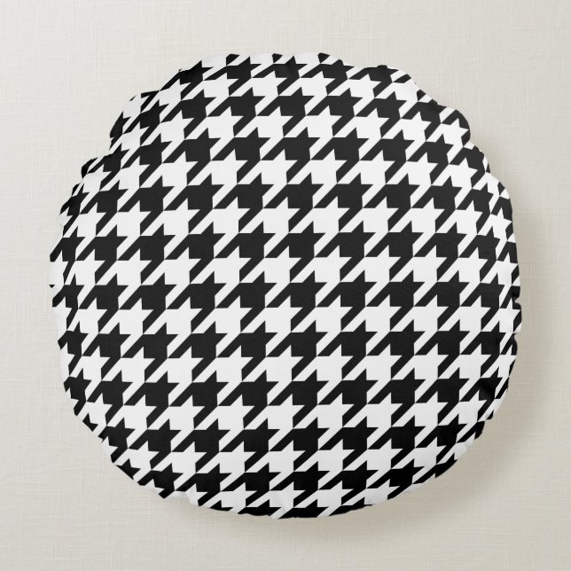 Retro Black White Houndstooth Weaving Pattern Round Pillow (Front)
