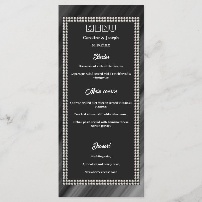 Retro Black & White, Pearls Wedding Menu (Front)