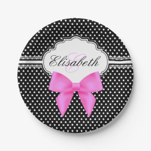 Retro black white polka dot pink bow monogram name paper plate