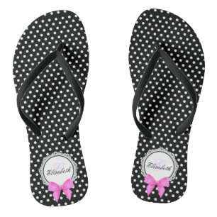 Retro black white polka dot pink bow name women's flip flops