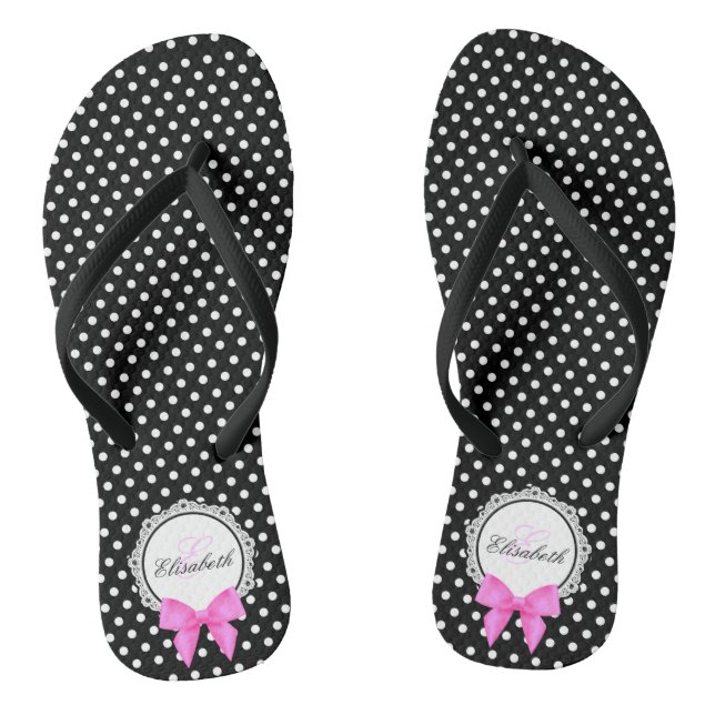 Retro black white polka dot pink bow name women's flip flops (Footbed)