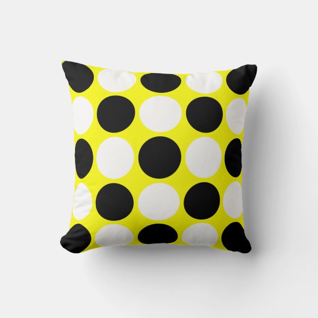 Retro Black & White Polka Dots on Yellow Throw Pillow (Front)