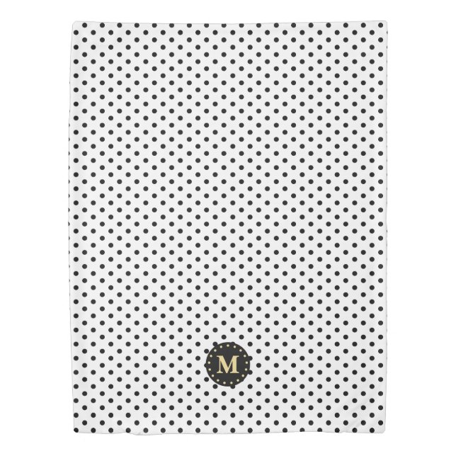 Retro Black White Polka Dots Pattern Gold Monogram Duvet Cover (Front)