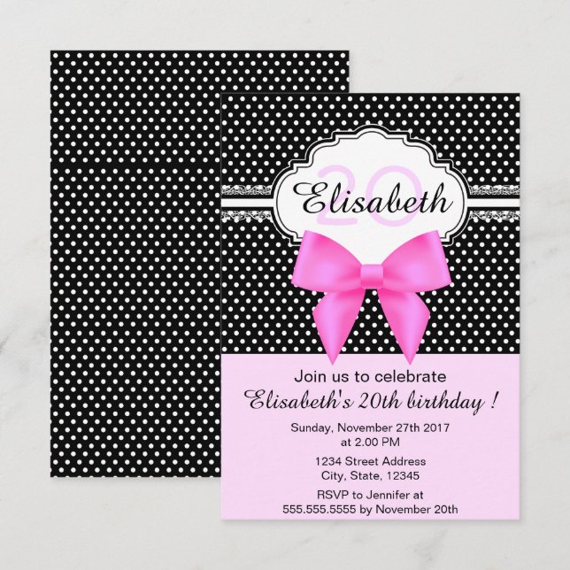 Retro black white polka dots pink girly birthday invitation (Front/Back)