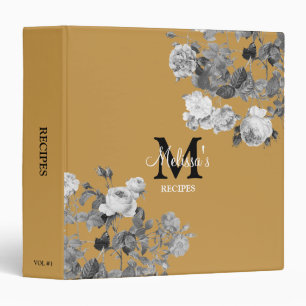 Retro Black White Roses Mustard Yellow Recipe Binder