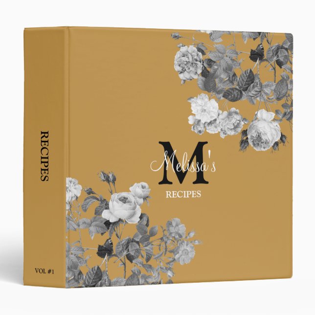 Retro Black White Roses Mustard Yellow Recipe Binder (Front/Spine)