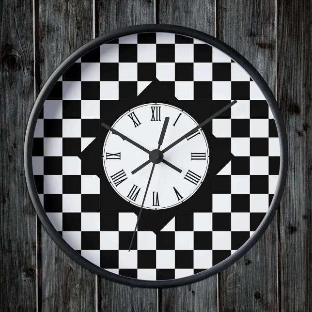 Retro Black & White square, Checkered pattern Round Clock (Creator Uploaded)