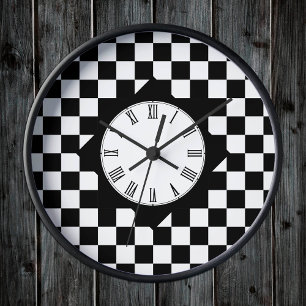 Retro Black & White square, Chequered pattern Round Clock