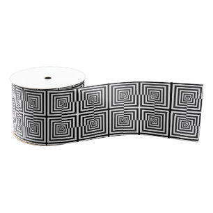 Retro Black White Squares Psychedelic Pattern Grosgrain Ribbon