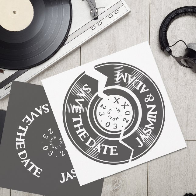 Retro Black White Vinyl Record Groovy Wedding Save The Date (Creator Uploaded)