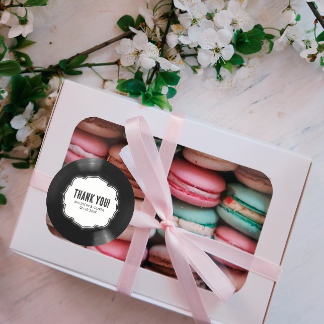 Retro Black & White Vinyl Record Wedding Thank You Classic Round Sticker (Creator Uploaded)