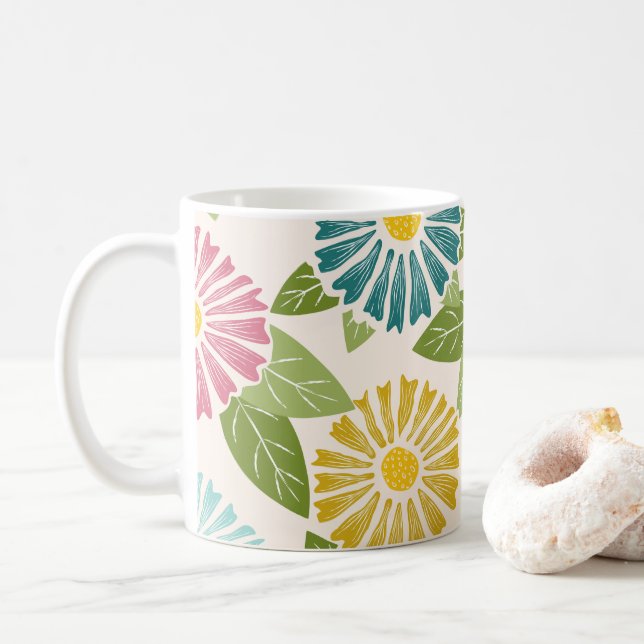 Retro Block Print Daisies Coffee Mug (With Donut)