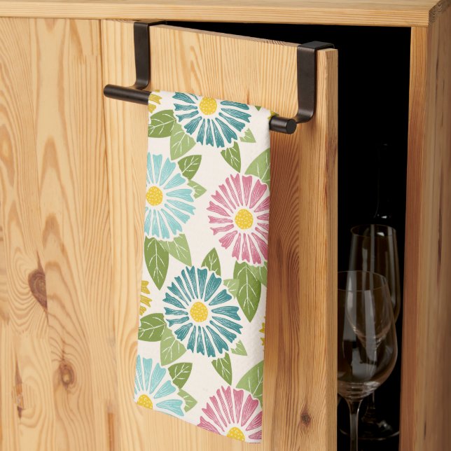 Retro Block Print Daisies Kitchen Towel (Thirds Fold)