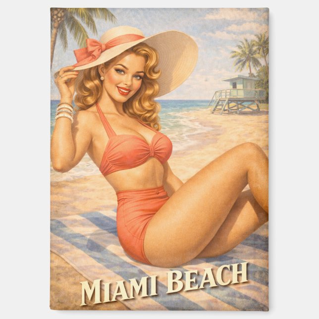 Retro Blonde Beach Girl 1950s Art Magnet (Front)