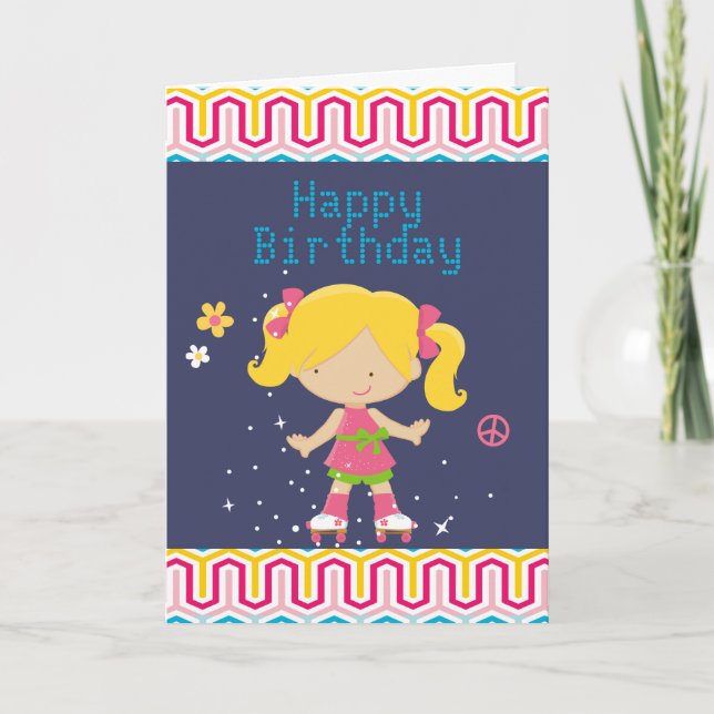 Retro Blonde Roller Skating Birthday Card (Front)