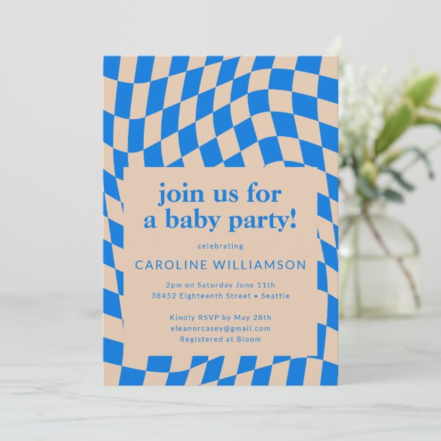 Retro Blue Abstract Chequerboard Baby Shower Invitation (Standing Front)