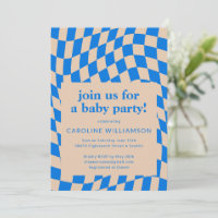Retro Blue Abstract Chequerboard Baby Shower