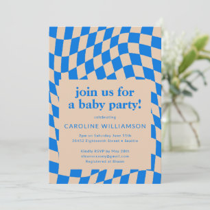 Retro Blue Abstract Chequerboard Baby Shower Invitation