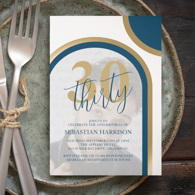 Retro Blue And Gold 30th Photo Birthday Invitation (Creator Uploaded)