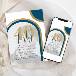 Retro Blue And Gold 40th Photo Birthday Invitation