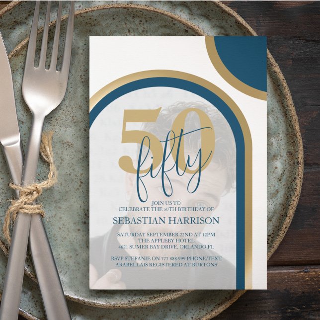 Retro Blue And Gold 50th Photo Birthday Invitation (Creator Uploaded)