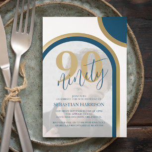 Retro Blue And Gold Photo 90th Birthday Invitation
